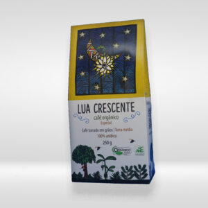 Pacote de Café Orgânico Lua Crescente 250g - grãos especiais torrados, aroma intenso e sabor equilibrado.